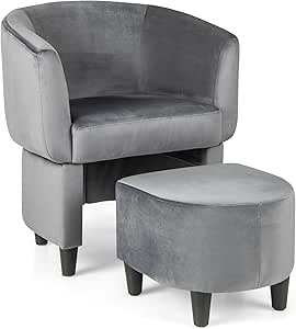 Giantex Modern Accent Chair with Ottoman, Upholstered Velvet Barrel Chair, Comfy Club Chair w/Footrest, Solid Wood Frame, Non-slip Pads, Space-saving Armchair for Living Room, Bedroom, Office (Gray)