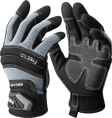 FREETOO Mechanic Work Gloves, [Full Palm Protection] [Excellent Grip] Working Gloves with Padded Leather for Men Women, Knuckle Impact Absorption Breathable Touchscreen gloves for Garden Construction