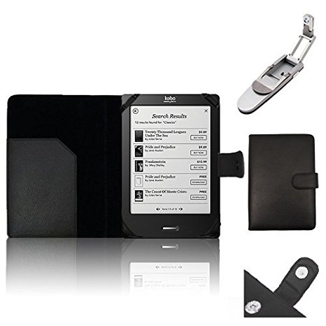 Xtra-Funky Exclusive PU Leather Book Wallet Style Case for Kobo Touch eReader Includes Robotic Pop Up Clip on LED Light - BLACK