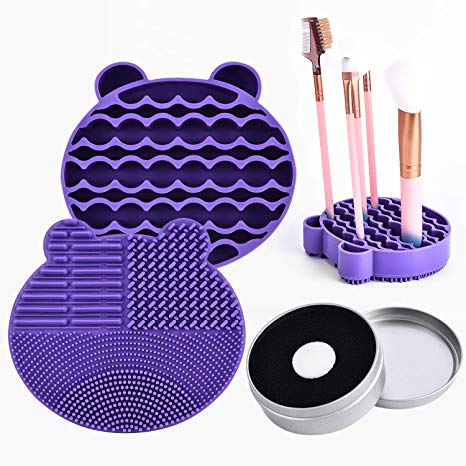 Silicon Makeup Brush Cleaning Mat with Brushes Drying Holder Portable Bear Shaped Cosmetic Brush Cleaner Pad  Makeup Brush Dry Cleaned Quick Color Removal Sponge Scrubber Tool (Purple)