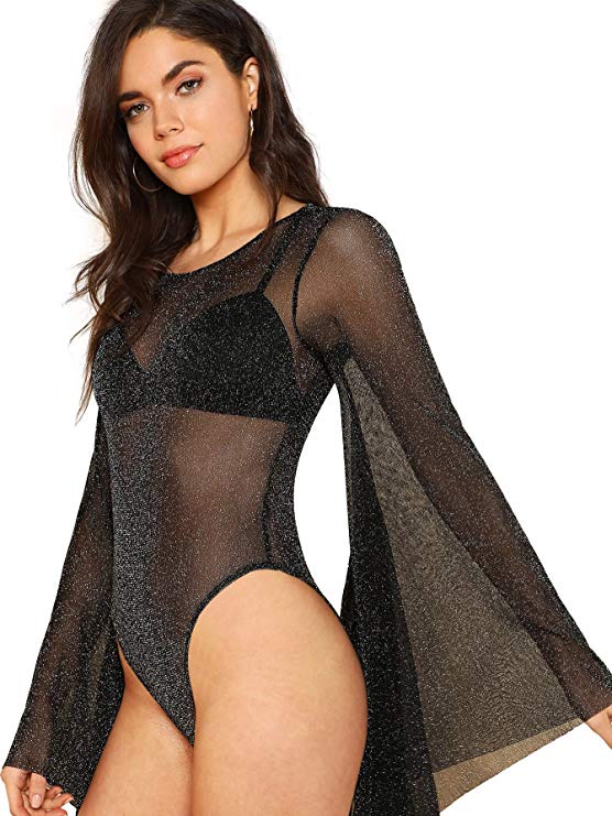 Romwe Women's Sexy Backless Bell Sleeve Glitter Sheer Mesh Bodysuit