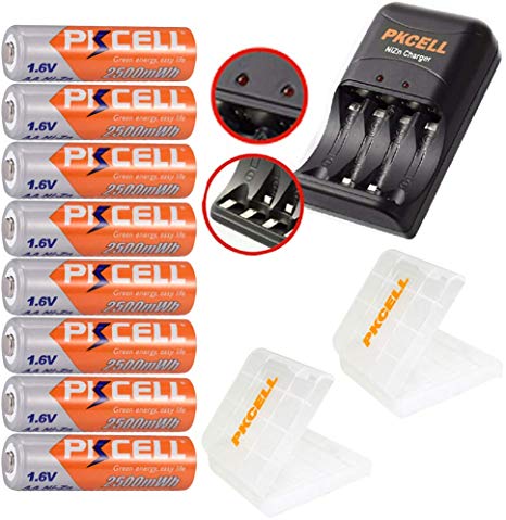 8Pcs 1.6V AA 2500mWh Rechargeable Batteries with 1Pcs AA/AAA NIZN Batteries Charger and 2Pcs Battery Storage Box