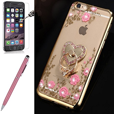 iPhone 6S Plus Case,iPhone 6 Plus Case,ikasus [Free Tempered Glass Screen Protector Stylus] Pink Butterfly Flower Glitter Crystal Rhinestone Diamond Clear Rubber Golden Plating Soft TPU Bumper Case