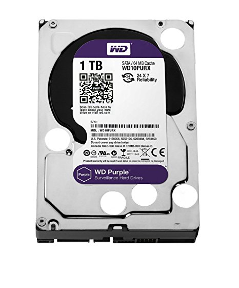 WD Purple 1TB Surveillance Hard Disk Drive - 5400 RPM Class SATA 6 Gb/s 64MB Cache 3.5 Inch - WD10PURZ