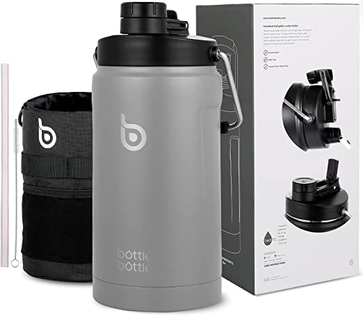 BOTTLE BOTTLE Insulated Water Bottle 64 oz with Straw and Dual-use Lid Half Gallon Water Jug Vacuum Stainless Steel for Workout and Sports Insulated Beer Growler with Handle（gray）