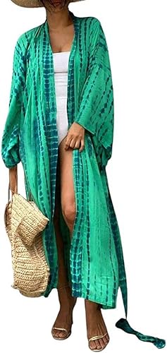 Bsubseach Stylish Tie Dye Open Front Long Kimono Swimsuit Cover up for Women