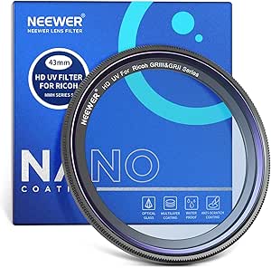 NEEWER Filtre de Protection UV Compatible avec Ricoh GR IIIx GRIIIx GR III GRIII GR II GRII, Verre Optique HD Multicouche/Hydrofuge/Résistant aux Rayure/Cadre Fin/Anneau Adhésif