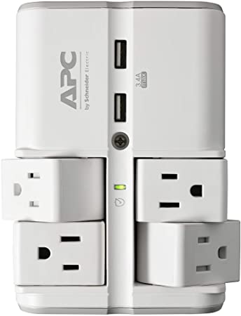 APC Wall Surge Protector 4 Rotating Outlets 1080J Protection Two 3.4A USB Charger Ports SurgeArrest Essential (PE4WRU3)