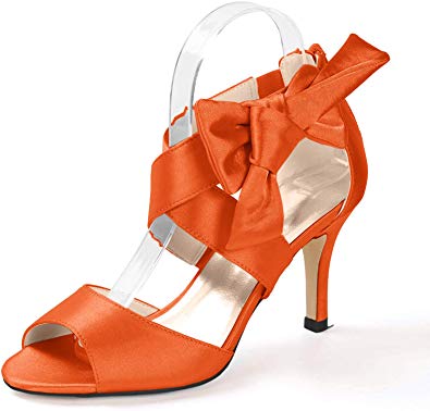 Creativesugar Women's Orange Bow Sandals Satin Dress Shoes Bridal Wedding Heels, Party Show Shoes