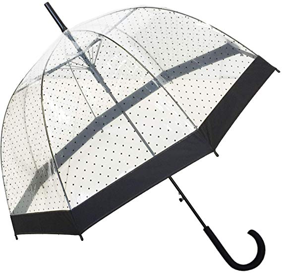 SMATI Stick Clear Umbrella - Windproof - Birdcage Dome See Through (Flowers Stripe Stars Dog Cat)