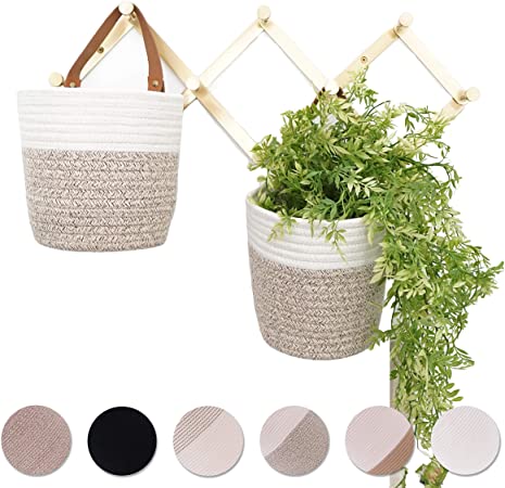OrganiHaus Hanging Woven Wall Basket Set with Genuine Leather Handles, Set of 2 Small Wall Mounted Farmhouse Baskets, Bathroom Wall Storage and Plant Hanger, 7” x 6” - Tan/White