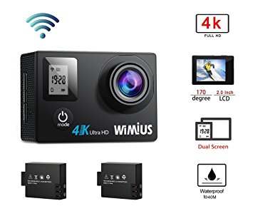 WIMIUS 4K WIFI Action Camera Dual Screen Waterproof Sports Camera 16MP 170° Wide Angle Waterproof Case,2PCS Batteries And 20 Extra Kits Included(Q4 Black)