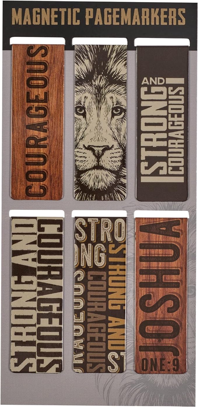 Christian Art Gifts Magnetic Scripture Bookmark/Pagemarker Set for Men: Strong & Courageous Lion - Set of 6, Inspirational Scripture for Bibles, Fridges, Books, Multicolor/Brown/Black/Gray, Small