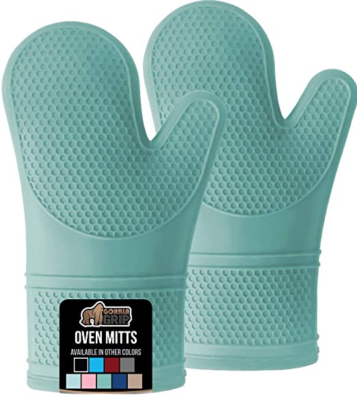 Gorilla Grip Premium Silicone Slip Resistant Oven Mitt Set, Soft Flexible Oven Gloves, Heat Resistant Kitchen Cooking Mitts, Protect Hands from Hot Surfaces, Cookie Sheets, Turquoise Pair, Set of 2