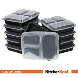 KitchenKool 10-Pack 3-Compartment Microwave Safe Food Container with LidDivided PlateBento BoxLunch Tray with Cover Black 32oz