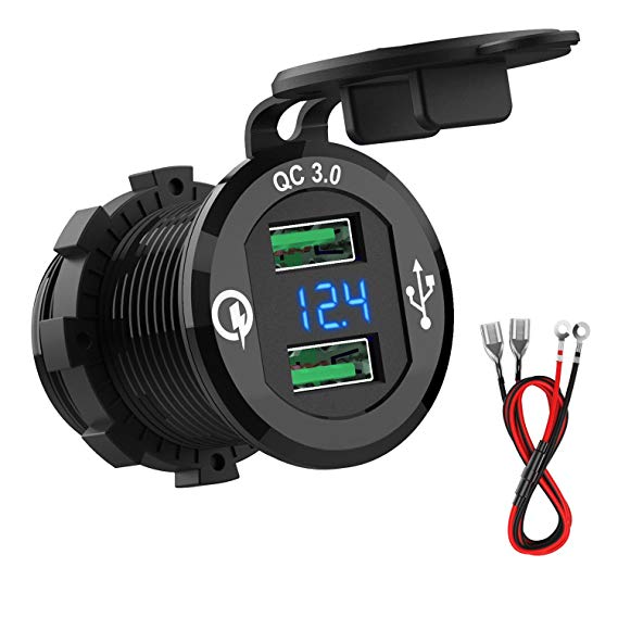 HiGoing 12V/24V Marine USB Outlet, Waterproof QC3.0 Dual USB Charger Socket with Voltage LED Digital Display for Car Boat Motorcycle Mobile (Upgraded with QC3.0)