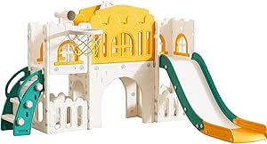 7 in 1 Toddler Slide,Kids Climber Slide with Storage Space and Non-Slip Steps, Toddler Playset with Basketball Hoopa and Telescope, Indoor Outdoor Playground for Toddlers