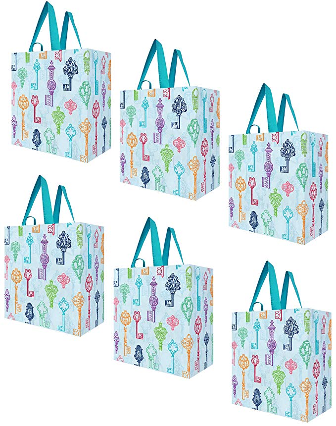Earthwise Reusable Grocery Shopping Bags Extremely Durable Multi Use Large Stylish Fun Foldable Water-Resistant Totes Design - Keys (Pack of 6)