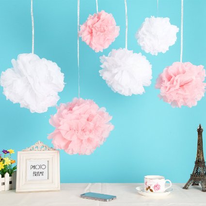 Wisehands 12pcs Mixed 3 Sizes White Pink Tissue Paper Pom Poms Flower Wedding Party Baby Girl Room Nursery Decoration