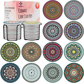Decopom Drink Coasters Stone Mandala with Holders - 14 Pack Cute Cool Drink Coasters Absorbent Ceramic Round Edge with Cork Base and 2 Black Iron Holders for Apartment Table Bar Mugs Glasses Cup Beer
