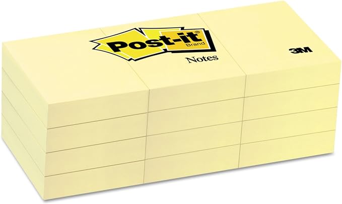 Post-it 653YW Original Notes, 1-1/2 x 2, Canary Yellow, 100 Sheets per Pack, 12 pk