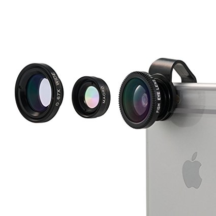 Vinsic Camera Lens, Universal Detachable 180°Fish Eye Lens Wide Angle Lens Micro Lens 3 in 1 Camera Lens Kits for iPhone ipad with 2 Clips