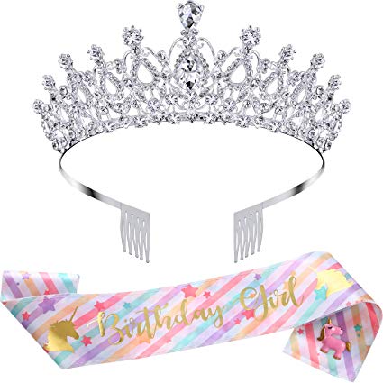 Birthday Crown Rhinestone Crystal Decoration Headband Prom Queen Crown with Birthday Girl Sash, Silver (Colorful, Unicorn)