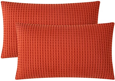 PHF Throw Pillow Cover Pack of 2 Cotton Waffle Weave Rectangle Home Decorations for Couch Sofa Bed 12" x 20" Orange