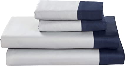 Amazon Brand – Rivet Color Block 100% Supima Cotton Bed Sheet Set, Queen, Cloud Blue / Navy