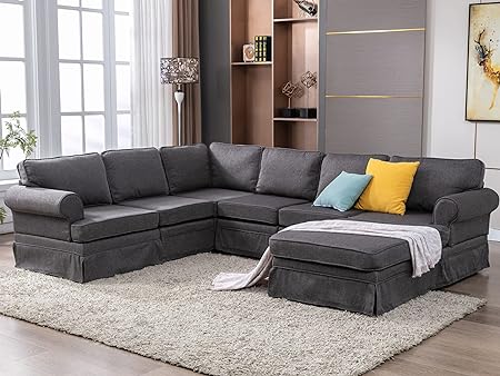 Merax Fabric Upholstered Living Room Sectional Sofa Set, Modular Customization Couch with Removable Ottoman, Dark Gray_U Shaped