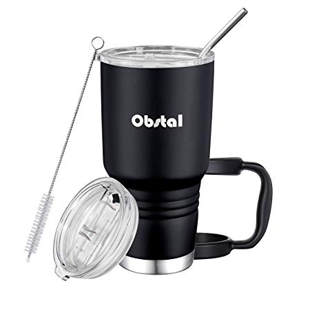 Obstal Stainless Steel Tumbler for Coffee - Double Wall Vacuum Insulated Tumblers with Straw, 2 Lids, Cleaning Brush and Handle, Perfect for Gift (30 oz, Black, Powder Coated)