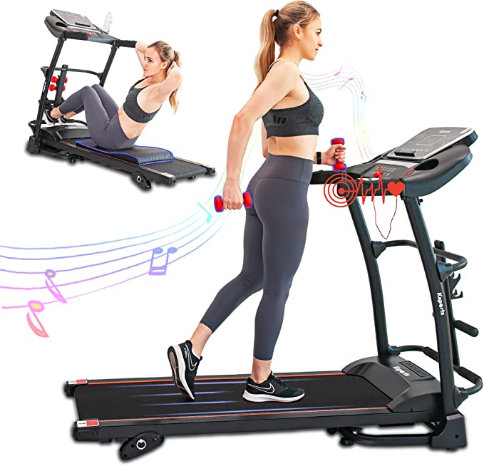 Ksports Treadmill Bundle | Electric Folding Incline Treadmill with Auto/Manual Incline, Sit Ups Rack/Strap & Ab Mat, Dumb Bells (only for AEP & LJJ Models) | Running Machine with Bluetooth Smart APP