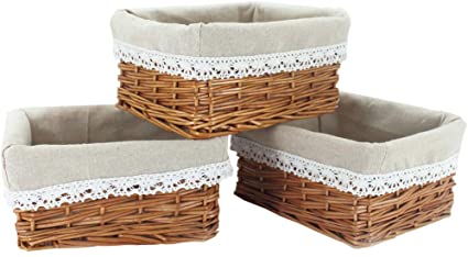 KINGWILLOW Wicker Storage Basket with Liner 3pcs Small Willow Rectangular Handmade Basket for Sundries neatening, (3pcs)