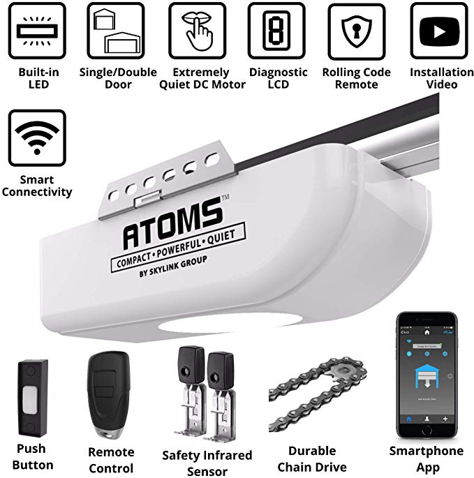 ATOMS AT-1611W By Skylink 1/2HPF Smart Wi-Fi Garage Door Opener with Extremely Quiet DC Motor, Chain Drive