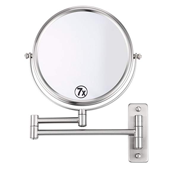 LIVINGbasics 8 inch Wall Mounted Makeup Mirror, Round Double-Sided 360° Swivel 1X/7X Magnification Vanity Mirror, 12.7-inch Extension