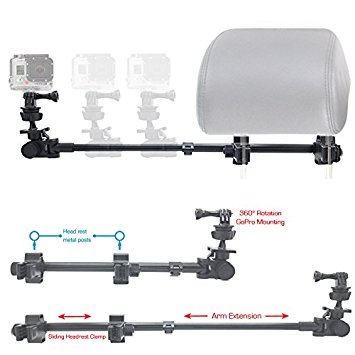 ChargerCity GoPro Session Hero5 Hero4 Hero3  Hero3 Hero 5 4 3 Silver Black Telescopic Headrest Mount with sliding aluminum arm (Compatible with All Gopro Hero / Session Camera case)