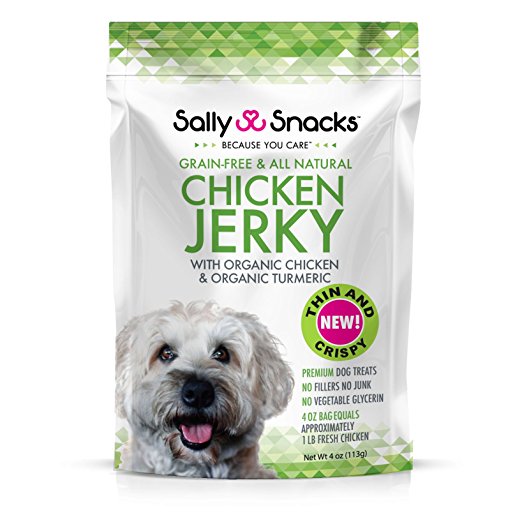 Sally Snacks All Natural Jerky Dog Treats. Grain Free, Organic Ingredients - Non-GMO, Grass Fed, Free Range, No Added Hormones, Fillers, or Preservatives. USA MADE.