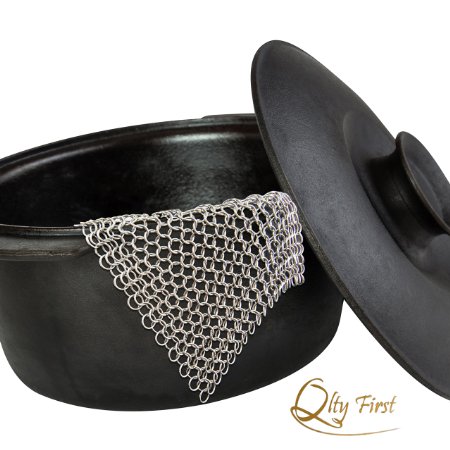 Qlty First Cast Iron Cleaner - Made of XL 7x7 8x6 Inch Premium Stainless Steel Chainmail Scrubber Includes a hook and a Dish Drying Cloth