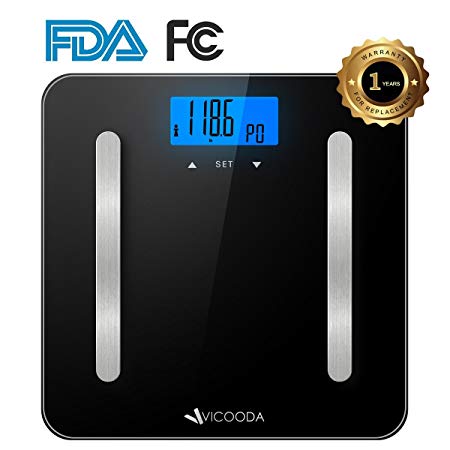 Body Scale,VICOODA Bathroom Scale with Large Backlit Display, High Accuracy,180kg/400lb Weight Capacity, Measures Body Weight, Body Fat, Body Water, Muscle Mass, Bone Mass, Calorie - Black