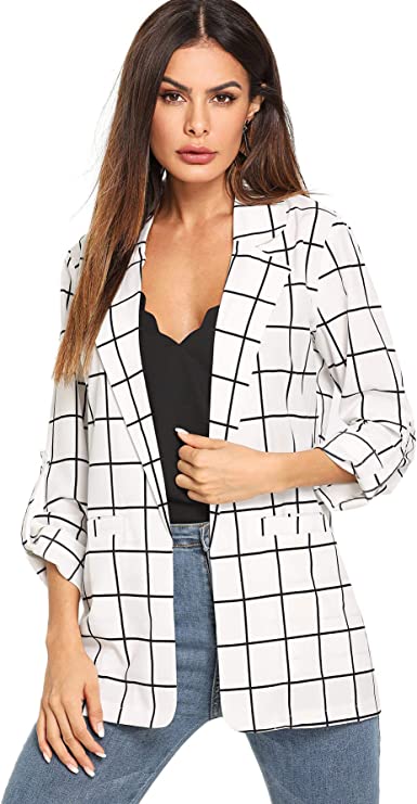 Milumia Women's Open Front Blazer Casual Lightweight Plaid Roll Up Sleeve Jacket Shirt