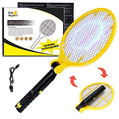 Nobite Fly Killer Bug Zapper Rechargeable Foldable Swatter - Portable Mosquito Killer - High Voltage Handheld Pest Controller - LED Flashlight, 3-Layer Safety Mesh for Outdoor/Indoor/Travel/Camping