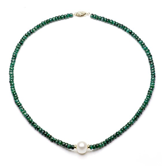 14k Yellow Gold with 4mm Simulated Gemstones 9-9.5mm White Freshwater Cultured Pearl Necklace, 18"