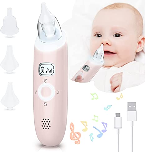 bubbacare Mouche bébé, Aspirateur Nasal pour Bébé avec 3 niveaux d'aspiration, Aspirateur Nasal électrique avec lumière, musique et 4 buses réutilisables pour bébés et tout-petits Pink#007