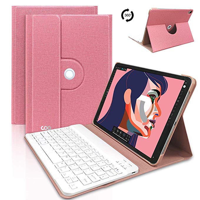 iPad Pro Keyboard Case 11 2018 - Wireless Detachable Keyboard [Support Apple Pencil Charging] - Ultra Slim PU Leather Folio Stand Cover with Pencil Holder with 360 Degree Rotate (Pink)