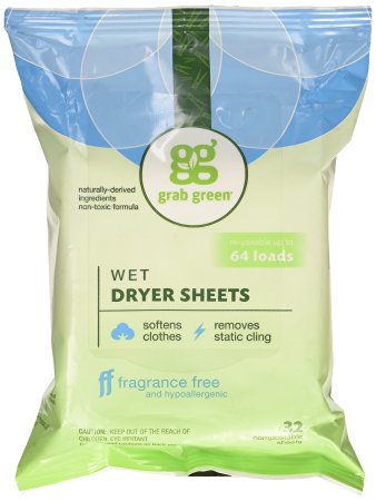 Grab Green Natural Wet Dryer Cloths, Fragrance Free, 32 Sheets