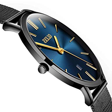Mens Thin Watches Blue Dial,Simple Leather Watch Men Wrist Watch Rose Gold Casual Waterproof Watches for Men,Analog Quartz Business Watch with Date,Men's Fashion Minimalist Wrist Watch with Calendar