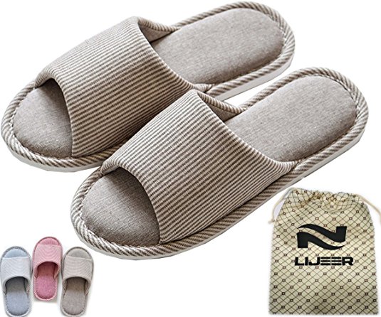 Indoor Home slippers Cotton Cozy Cotton Memory Foam Flax House Slippers Casual House Slippers Open-toes Thick sole Striped Slide Slippers Lijeer