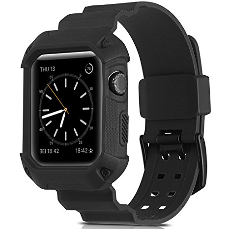 Apple Watch Band 38mm with Case,Camyse Shockproof Rugged Protective Cover with Strap Bands Stainless Steel Clasp for iWatch Apple Watch Series 3, 2, 1, Sport & Edition for Men Women grils boys - Black
