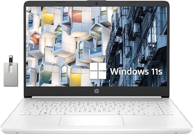 HP Premium 14" Stream HD Laptop, Intel Celeron N4120 CPU, 8GB RAM, 64GB eMMC, Webcam, Intel UHD Graphics, 1 Year Office, Bluetooth, WiFi, HDMI, Windows 11s, White, 32GB Hotface USB Card (Renewed)