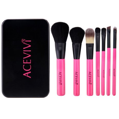 ACEVIVI Korea Style 7 pcs Lovely Pink Portable Cosmetic Brushes Tin Box Mini Travel Makeup Brushes